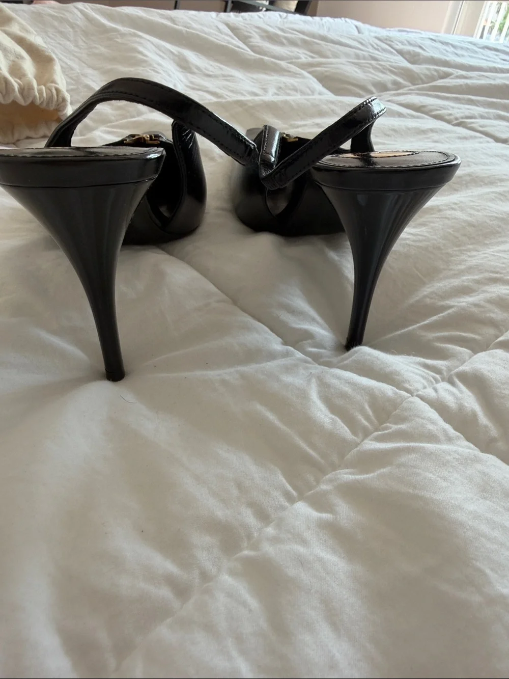 Saint Laurent Black Leather Pointed Slingback Pumps with Gold YSL Charm